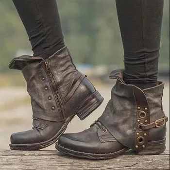 

New 2020 Women's Ankle Boots Spot Zip Autumn and Winter New Hot Big Size Retro Square Head Women's Pu Leather Boots