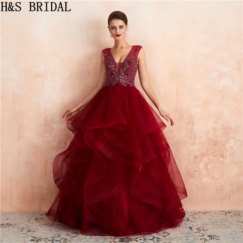 H& S свадебная диадема платья бальное платье vestidos De 15 Anos для девочек красная юбка с оборками Блестки из бисера Вечерние платья для выпускного вечера