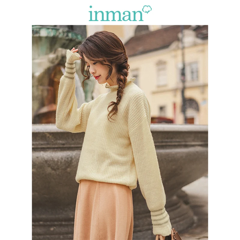 INMAN Spring Autumn Winter Arrival High Collar Drop-shoulder Sweet Flare Sleeve Elegant Solid All Matched Women Pullover | Женская