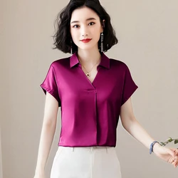 Blusas femininas de seda moda coreana, camisa manga curta e blusa feminina de escritório, blusas largas para mulheres, plus size