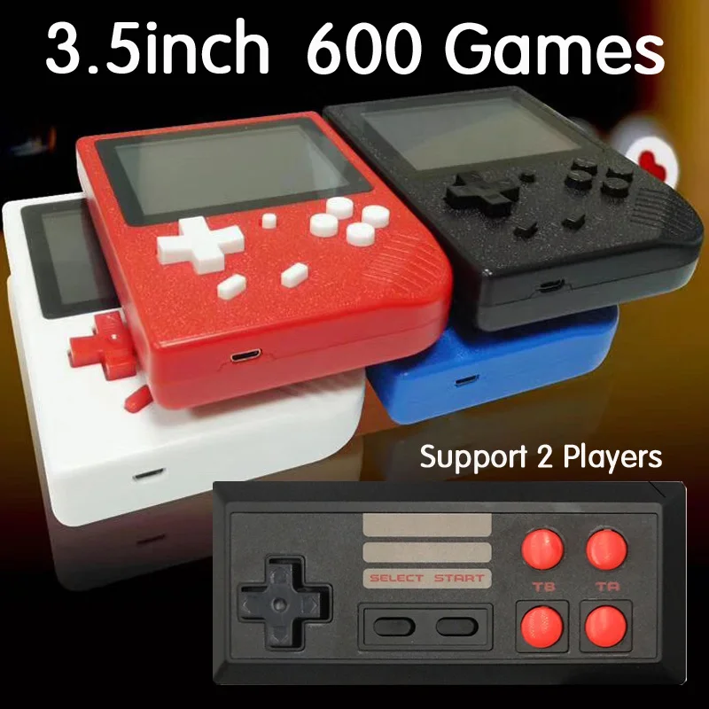 Мини Портативный портативные игровые игроков Ретро игровой консоли встроенный 600 игр Поддержка 2 плеер 8 бит 3,5 дюйма для детей Ностальгический