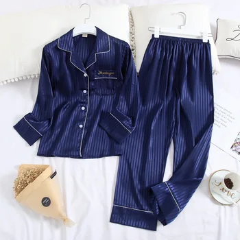 

Fiklyc Long-Sleeved Trousers Pajamas Suit Ice Silk Casual Women's Cardigan Home Service Comfortable