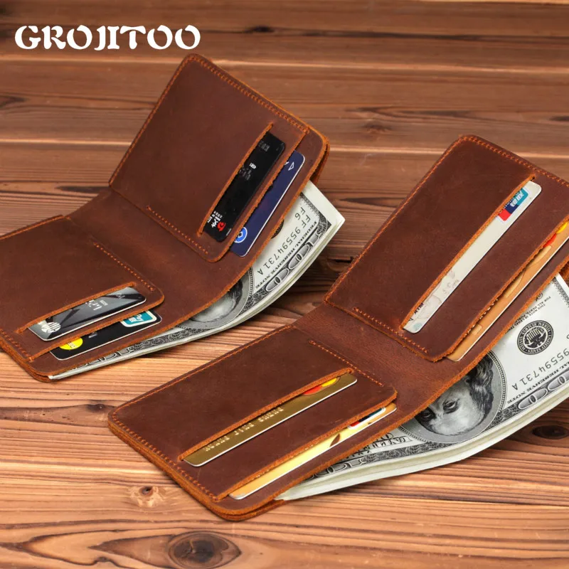 

GROJITOO Genuine Leather Handmade Men Wallet First Layer Cowhide Business Dollar small Wallet For Women Card Purse Women Purse