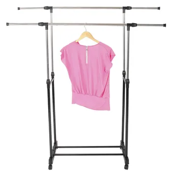 

Clothes Rack Dual-bar Vertical & Horizontal Stretching Stand Clothes Rack with Shoe Shelf for Indoor or Outdoor Black & Silver