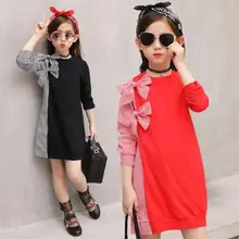 Осеннее модное платье для больших девочек Детская полосатая рубашка с бантом платья с длинными рукавами милая детская одежда