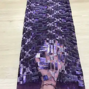 

2019 African Net Lace Fabric, High Quality purple Color Sequins Nigerian Wedding Lace Fabrics 5Yards Sequins French Tulle lace