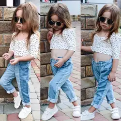 Комплект из 2 предметов, летняя повседневная футболка с короткими рукавами и принтом сердца для маленьких девочек топ + джинсовые штаны