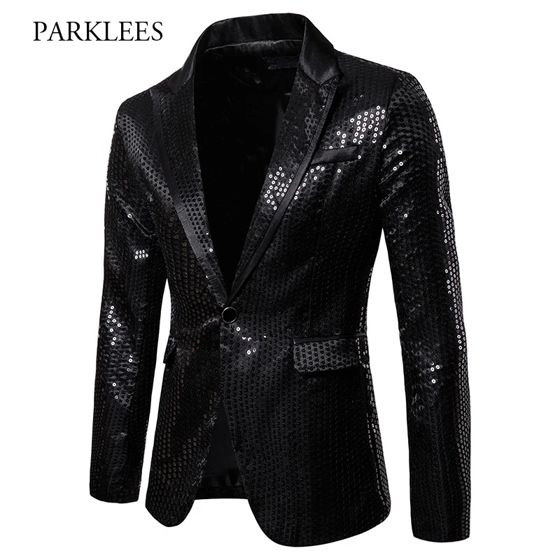 Новый Модный черный блестящий мужской пиджак с блестками 2019 блейзер на одной