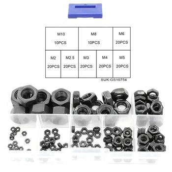 

140PCS M2-M10 Carbon Steel Black Hex Nylon Insert Lock Nuts Self-Locking Lock Nuts Lock Nuts