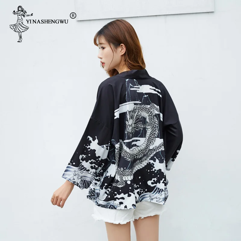 Harajuku Japanese Robes Streetwear Style Waves Flying Dragon Loose Chiffon Cardigan Kimono Yukata Women Kimono Cosplay Costume