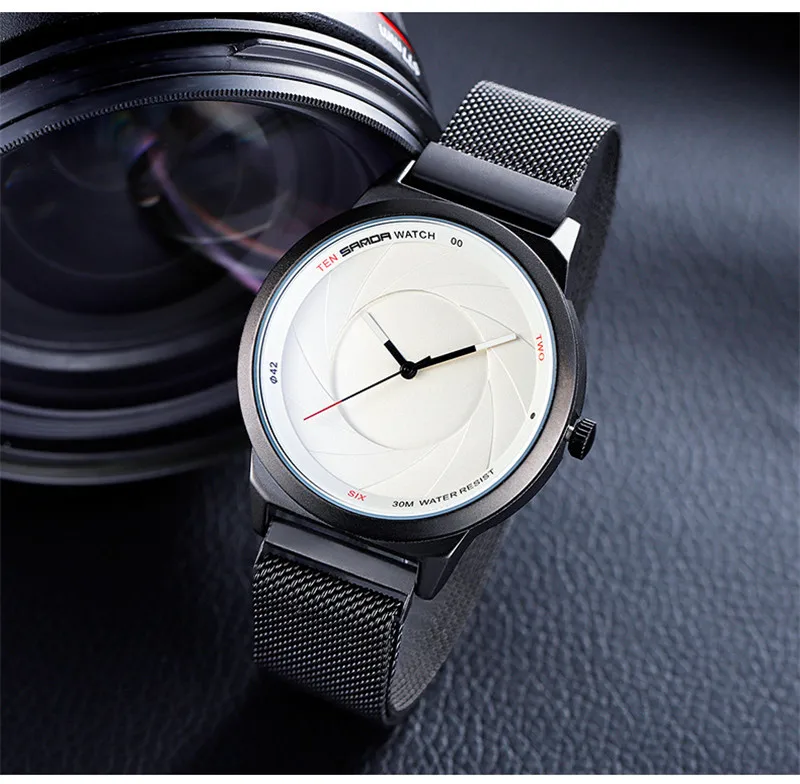SANDA New 2 Pieces Fashion Couple High Gloss Glass Watch Stainless Steel Mesh Strap Men's Quartz Anti-watch