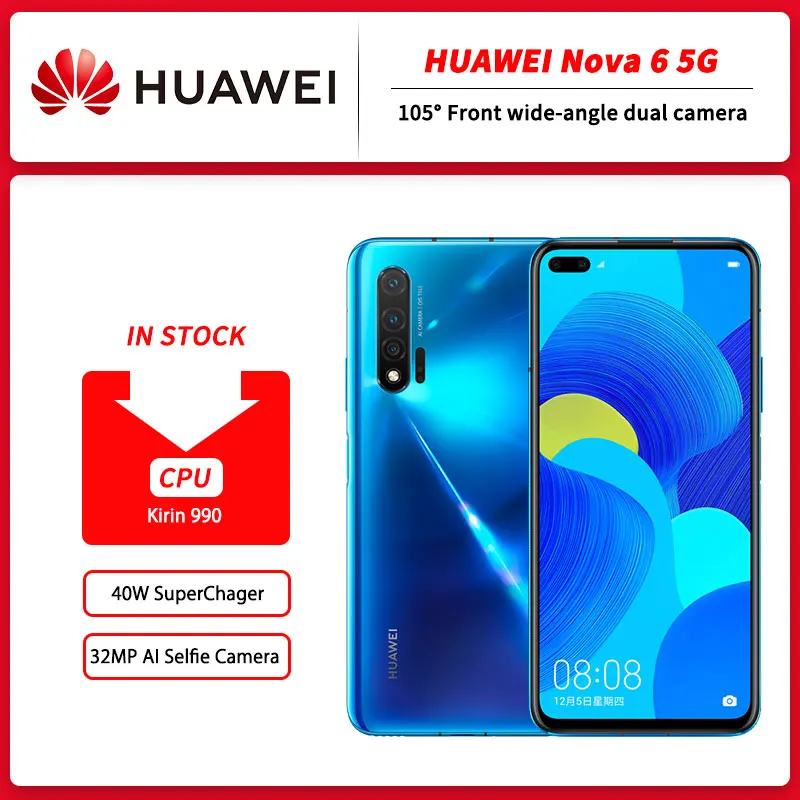 Смартфон HUAWEI Nova 6 57 дюйма Kirin 990 Восьмиядерный 40 Вт Android 5000 | Мобильные телефоны и