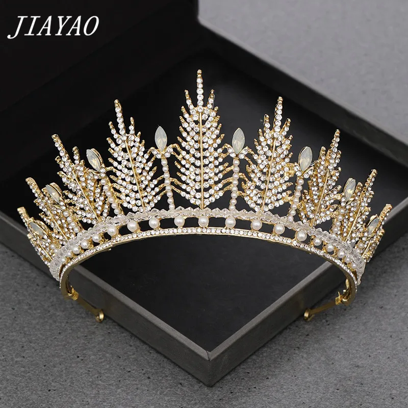 

Rhinestone Feather Pearl Tiaras Bride Crown Hair Accessories Golden Wedding Crown Headpiece Bridal Tiara Head Jewelry Diadem