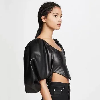 

PU Leather Slim Sexy Crop Top Women Fashion Short Sleeve Irregular Summer T shirt Women Black Casual Women Tops 2020