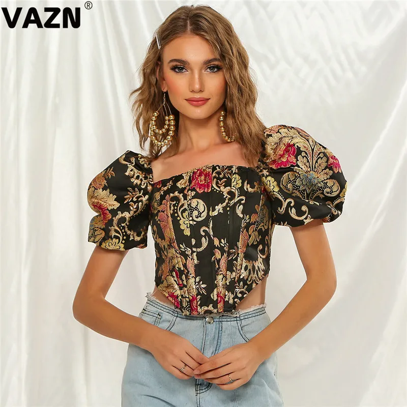 VAZN, хит, винтажный принт, ассиметричная, открытая, сексуальная, Клубная, открытая, модная, без бретелек, короткий рукав, для женщин, тонкая, короткая, Тройка