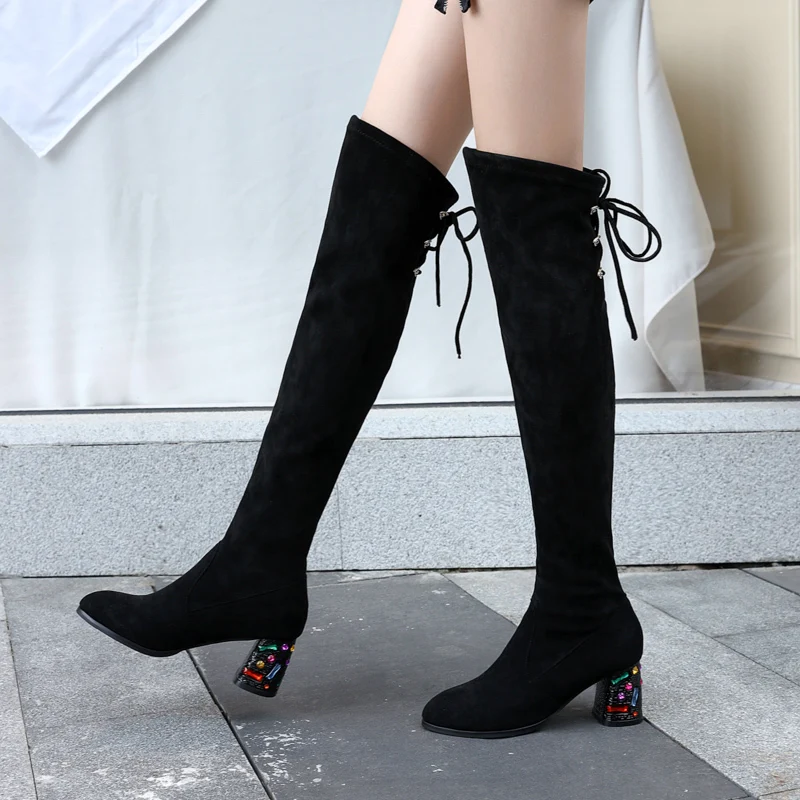 2019 New Women Knee High Boots Suede Metal Fashion Winter Footwear Shoes Zipper Chunky Heels Rhinestone Decoration |