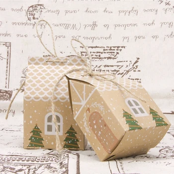 

50Pcs/Set Kraft Paper Boxes Christmas Gift Box House Shape Candy Box Food Cookies Packing Xmas Party Favors Bag Christmas Decor