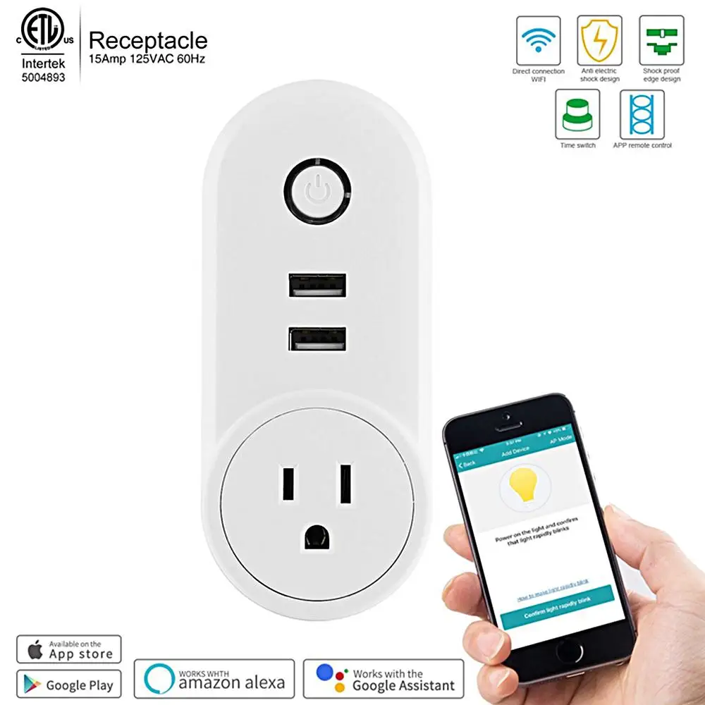 

Teekar WIFI Smart EU Standard Plug With Dual USB Port Timing Socket Wireless Outlet Voice Control Work With Alexa Google Home VN