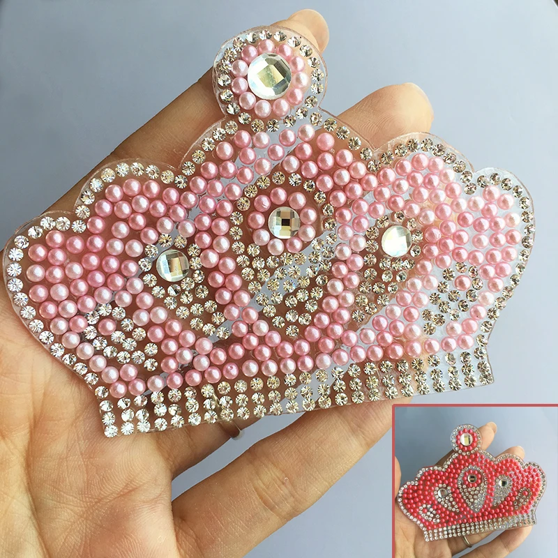 

Pearl Crown Patches Hot Fix Rhinestone Newborn Baby Clothing Motif Baby Suit Crystal iron Crown Glass Patch Applique