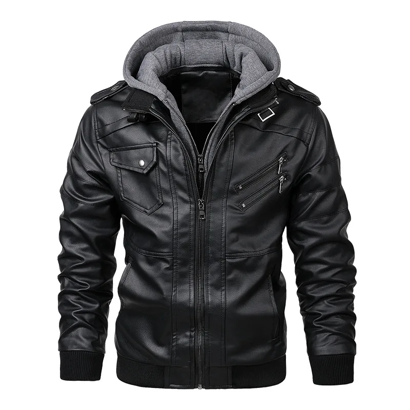 

Autumn & Winter Men Deconstructable Knitted Hooded PU Leather Jacket Large Size Casual Versatile Trend Leather Coat