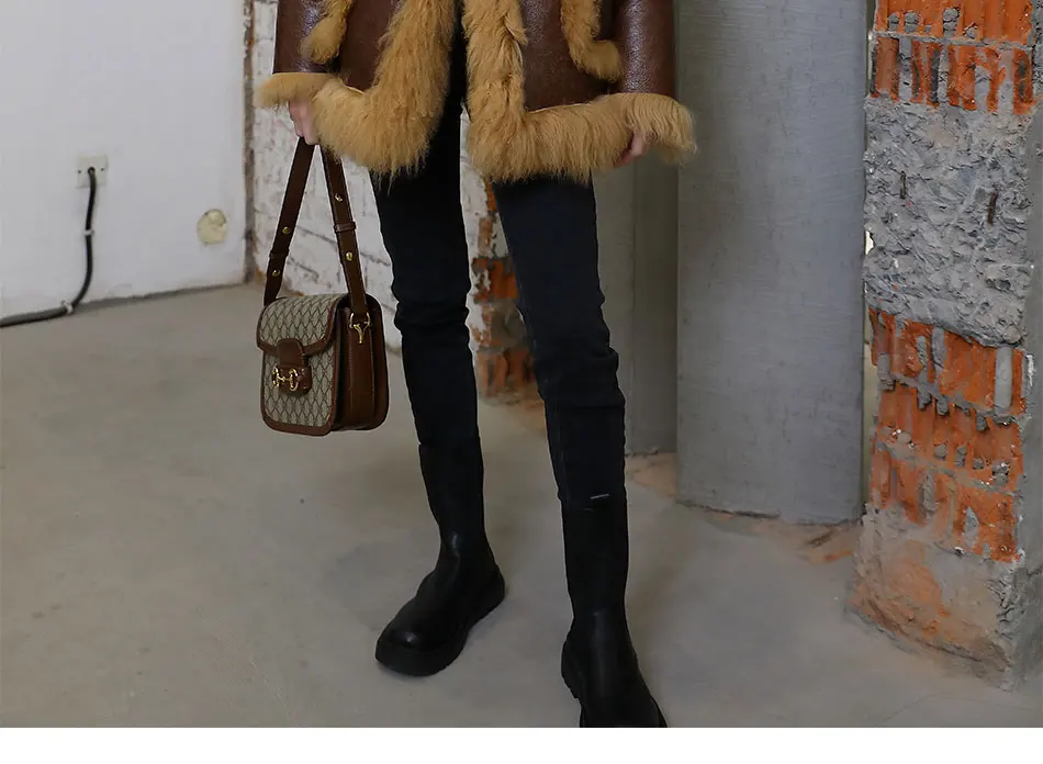 Winter Woman Real Wool Coat Cracking Sheepskin Fur Jacket Double Faced Fur Locomotive Jacket Warm Shearing Fur Outerwear black parka