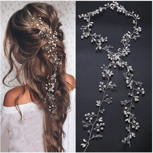 

European Bridal Luxury Long Pearl Crystal Flower Headbands Hairband Silver Gold Wedding Hair Vine Handmade Women Chain Headband