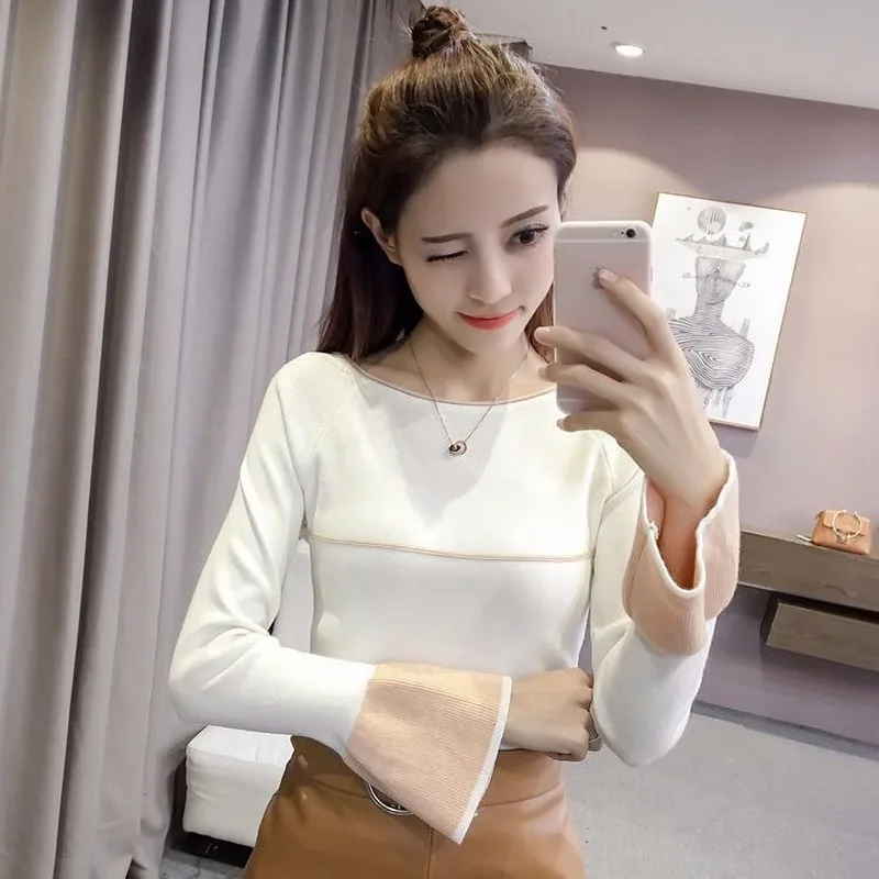 2020 flared sleeve color-matching sweater women spring and autumn new slim round neck pullover long | Женская одежда
