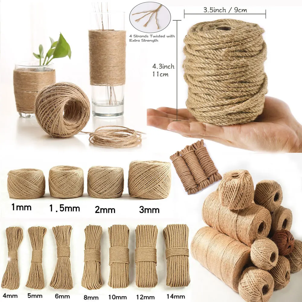 Vintage Natural Jute Twine Burlap Rope, DIY Crafts, Gift Wrapping, Gardening, Wedding Decor, 1-14mm