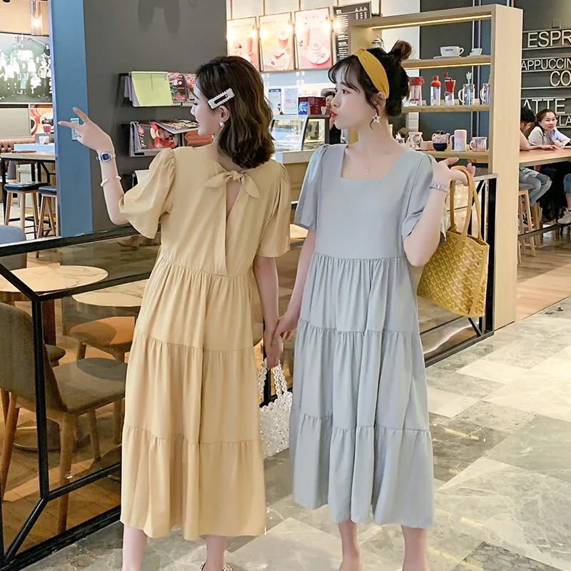 

Maternity Clothes Summer 2019 Korean-style Silky Cotton Back Cross Small Bow Mid-length Pregnant Women Dress