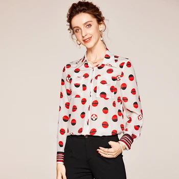 

100% Natural Silk Women Tops Blouses Spring Autumn Elegant Turn-down Collar Long Sleeve Print Pure Real Silk Lady Shirt Blouse