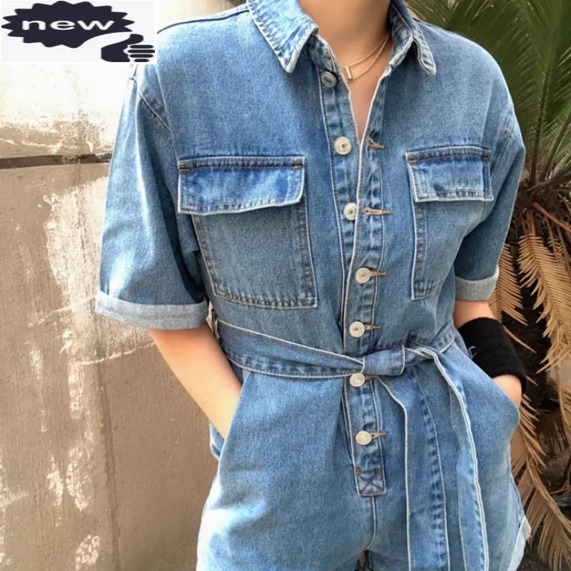 

Boyfriend Style Fashion Women Cargo Denim Playsuit Casual Belted Jeans Jumpsuit Ladies Summer Streetwear Loose One Piece Rompers