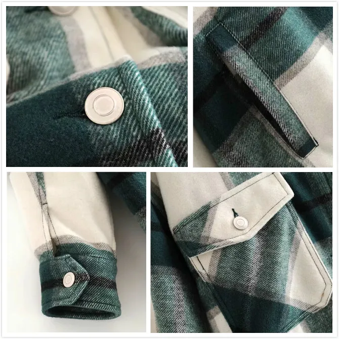 Women Green Plaid Jacket Coats Vintage Pockets