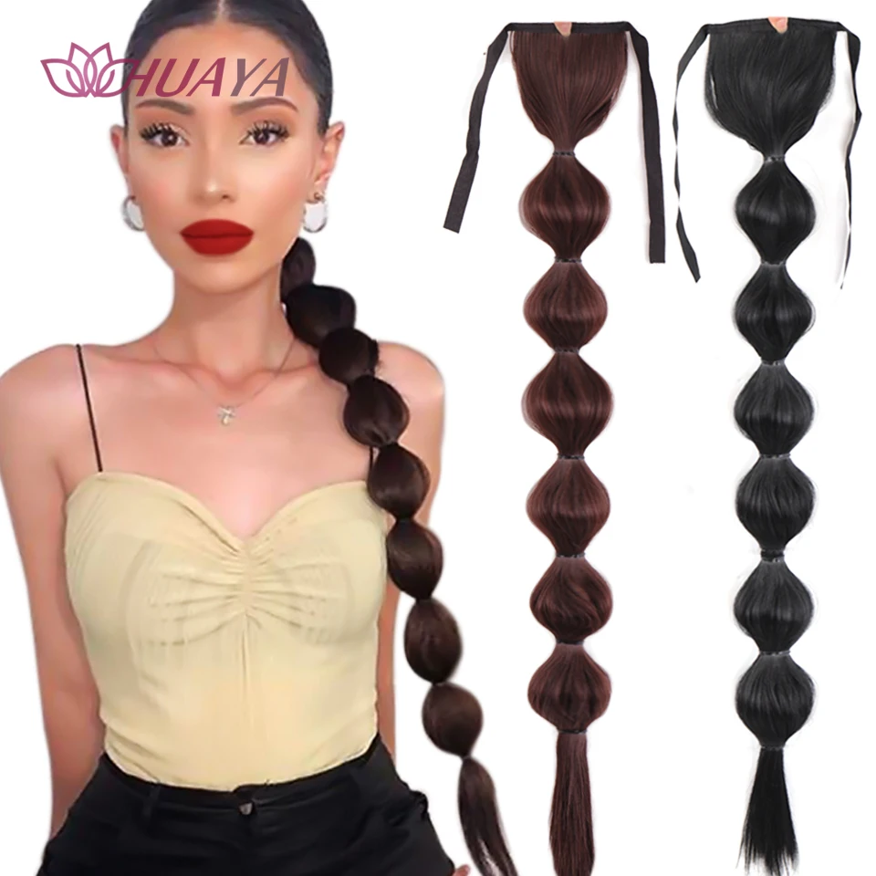 HUAYA Drawstring Long Straight Ponytail Clip In Hair Extensions Synthetic Hair Bubble Ponytail Heat Resistant Natural Fake