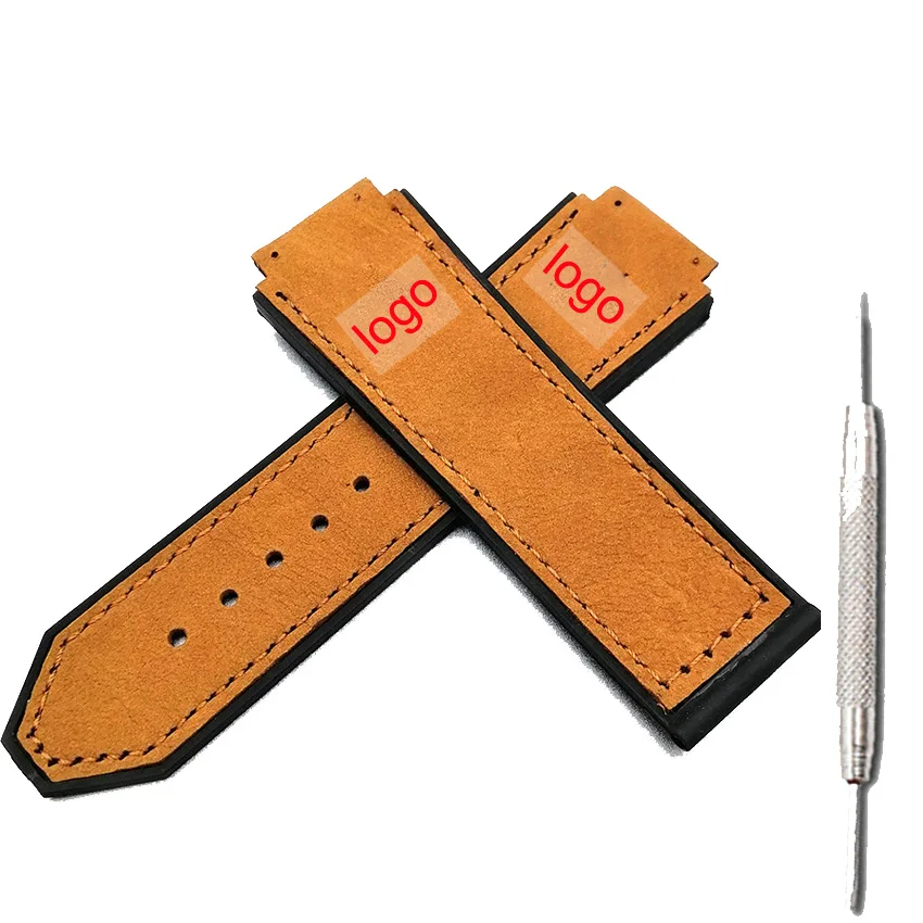 Black with tool Leather+ Rubber strap men's watch accessories 22mm buckle rubber watch strap for HUBLOT series 19mmx25mm waterproof bracelet wa - Цвет ремешка: Black with tool