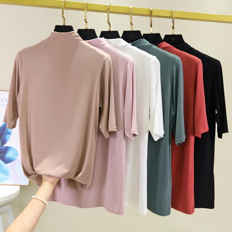 

Fashion Super Soft Modal T Shirt Turtleneck Women Half-Sleeve T-Shirt High Elastic Aesthetic Tee Shirt Elegant Korea Lady Tops