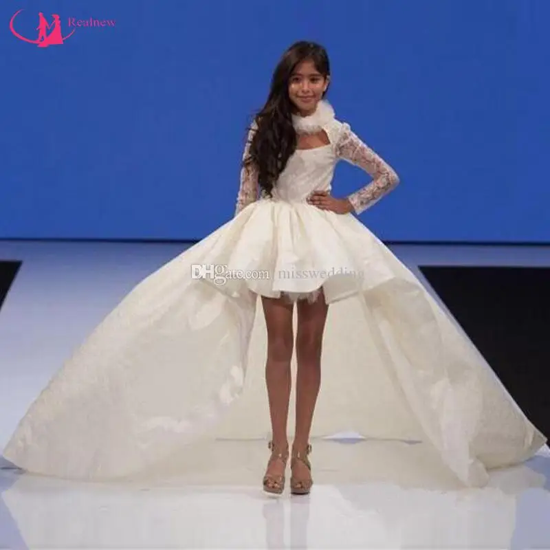 

Hi-Lo Girls Pageant Dresses For Teens Ivory Satin Lace Long Sleeves Communion Dress Party Birthday Flower Girl Dresses