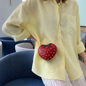 

Cute Strawberry Heart Shape Pu Studs Fashion Lady Chain Wallet Clutch Bag Shoulder Bag Handbag