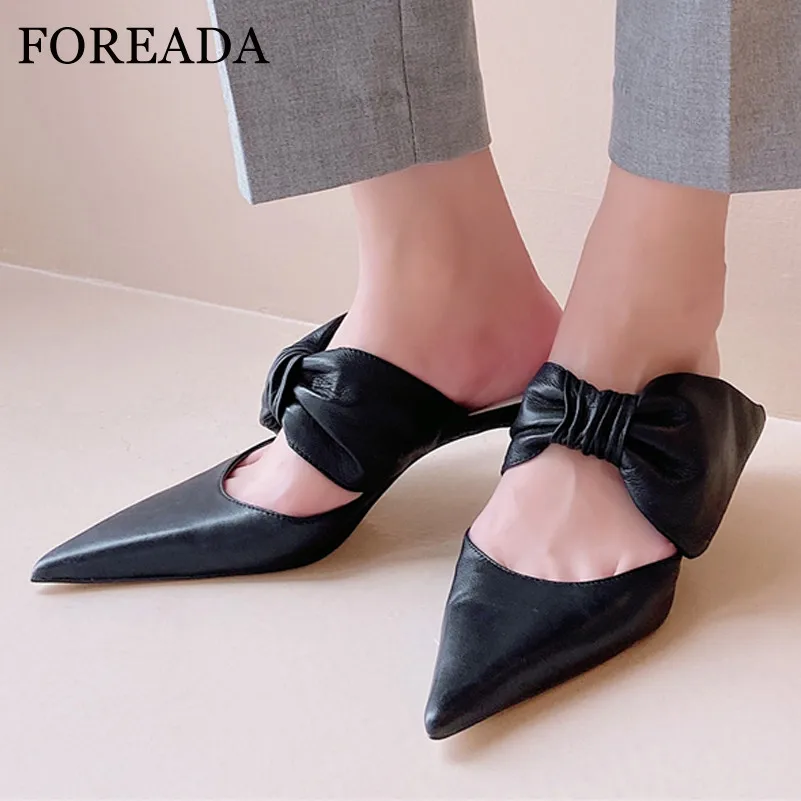 

FOREADA Women Mules Shoes Real Leather Pumps Bow Thin Med Heel Shoes Fashion Sheepskin Pointed Toe Ladies Footwear Black 33-40