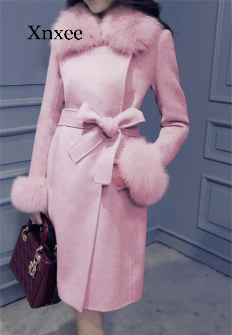 Winter Pink Elegant Jacket Ladies Elegant Gray Cashmere Jacket Belt  Wool Jacket Cute Office Long Coat Fur Collar