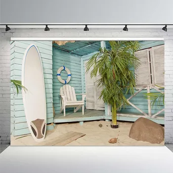 

Wooden House Photographic Backdrops Palm Tree Surfboard Portrait Photography Backgrounds Customized for Photo Studio