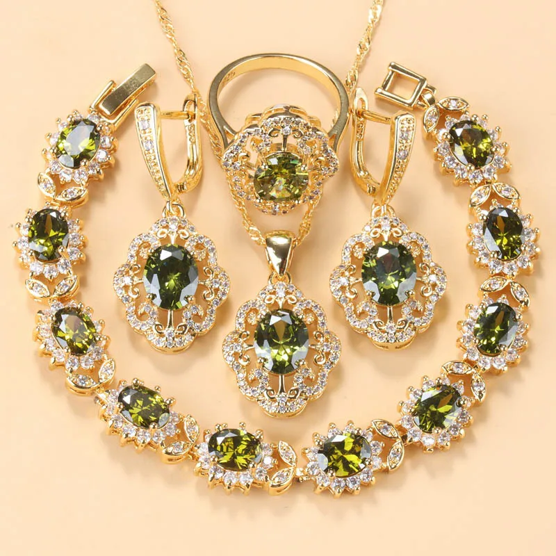 Bridal Jewelry Sets Crystal Jewelry Sets 10-Colors Cubic Zirconia Women Accessories 18K Gold Plated Olive Green Zirconia Charm Bracelet And Ring Jewelry Sets