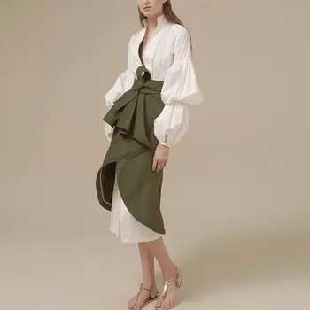 

OUSHANG Women Suit Puff Sleeve White Shirt With High Waist irregular Midi Skirt Clothes Fashion Korean Autumn Two Pieces Set