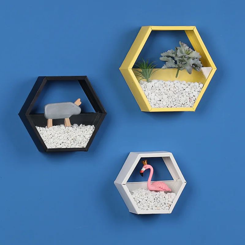 Metal Glass Hexagonal Storage Holders Simple Modern Geometry Wall Hanging Decoration Living Room Bar Iron Decorative Crafts