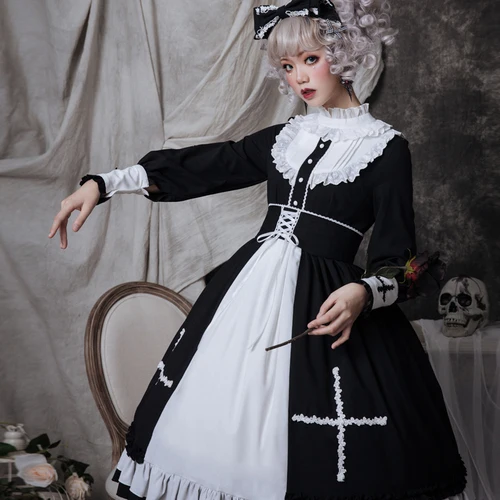 Холли кросс~ элегантный длинный фонарь рукав Лолита платье старинные вечерние платья - Цвет: Черный