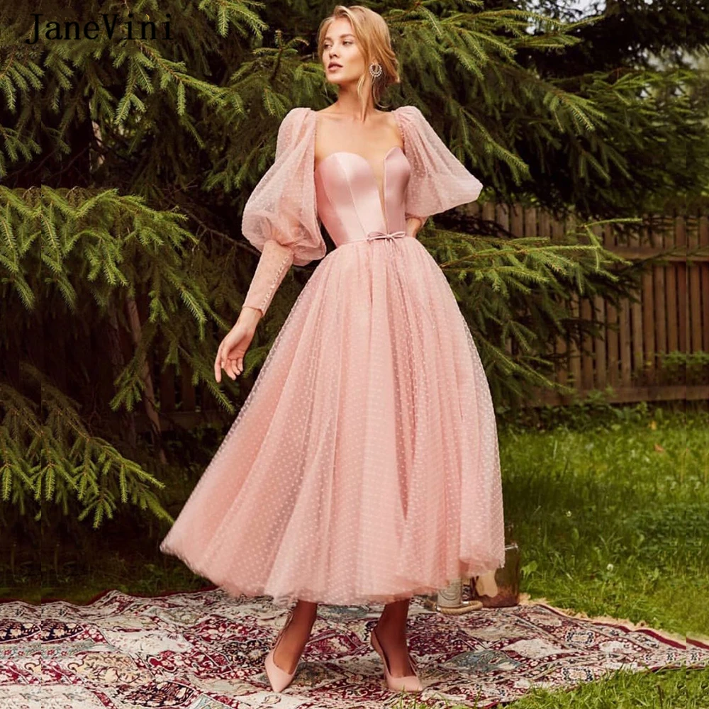 

JaneVini 2020 Elegant Long Prom Dresses with Puffy Sleeves Strapless Dot Tulle A Line Ankle Length Plus Size Women Party Dress
