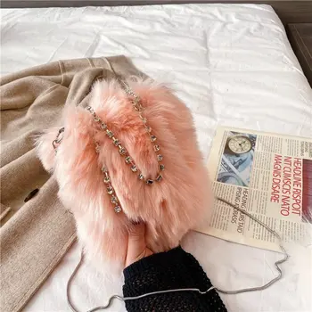 

Fashion Rhinestone Chain Handbags Women 2021 New Winter Fluffy Fur Shoulder Bag Female Furry Crossbody Bags Party Clutch 6565