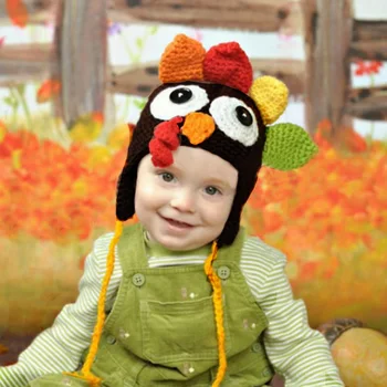 

Crochet With Braids Children Gift Cap Handmade Turkey Knitted Infant Beanie Cute Thanksgiving Hat Photography Props Pigtail Warm