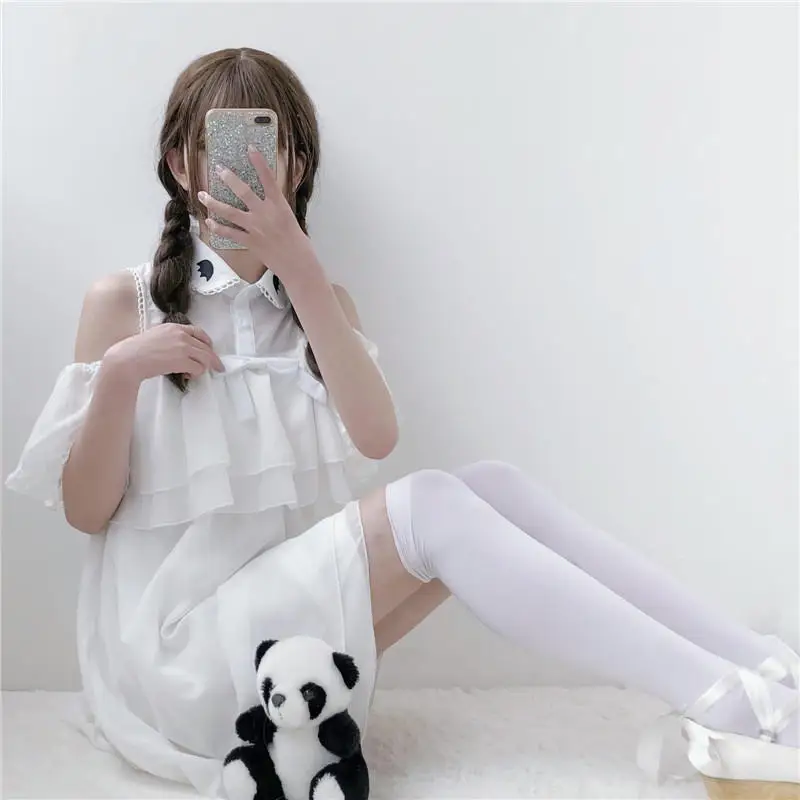 Летние kawaii для девочек белого цвета; милые платье в стиле «Лолита» милым вышитым двойным воланом без бретелек платье в викторианском стиле Лолиты в готическом стиле лоли