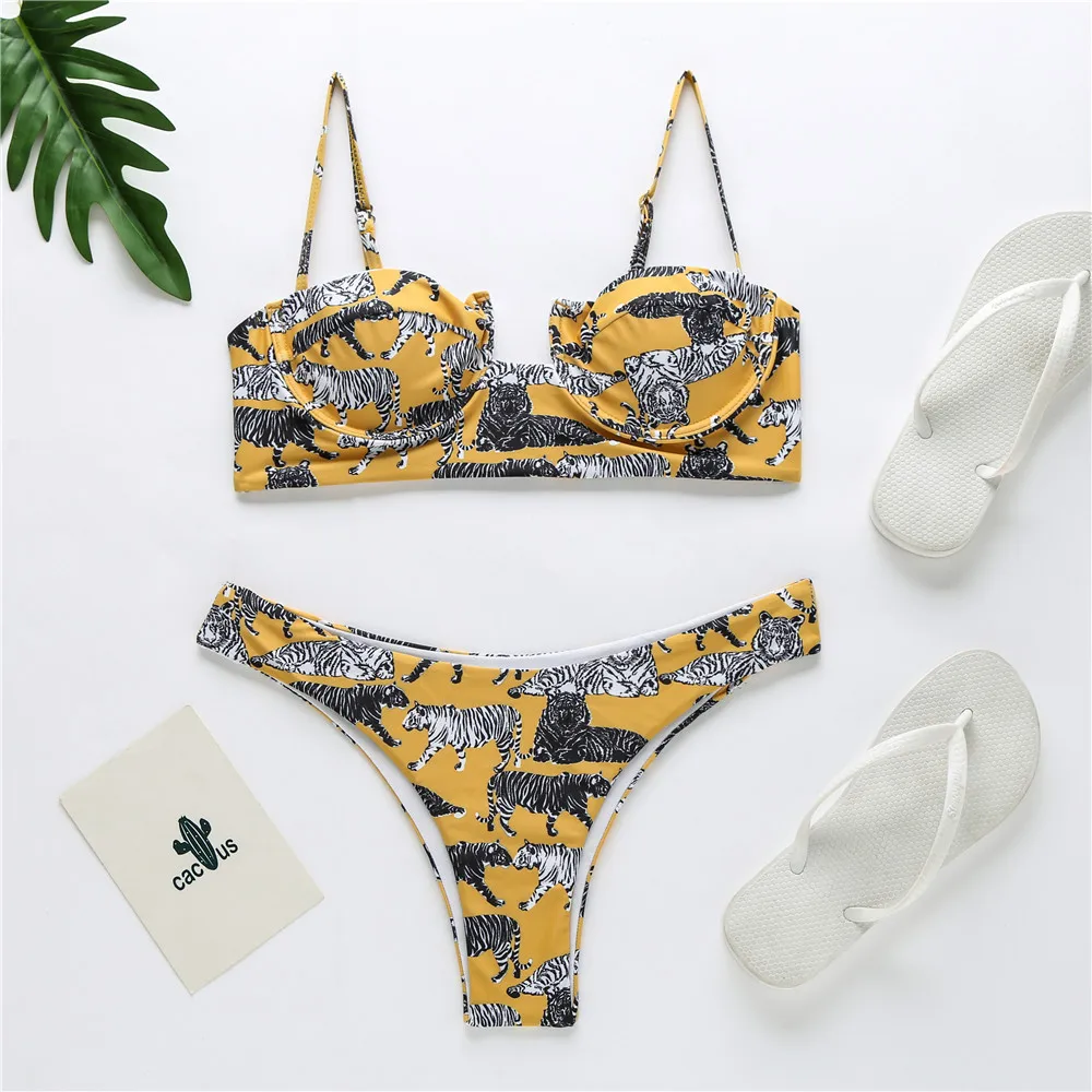 

Tiger Print V-bar Underwire Bikini 2020 Female Swimsuit Women Swimwear Two-piece Push Up Bikini Set Bather Bathing Suit Yellow