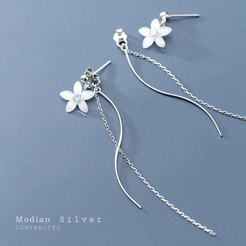 

Modian 100% Real 925 Sterling Silver Ceramics Flower Long Line Drop Earrings Fashion Charm Dangle Ear For Women Fine Jewelry